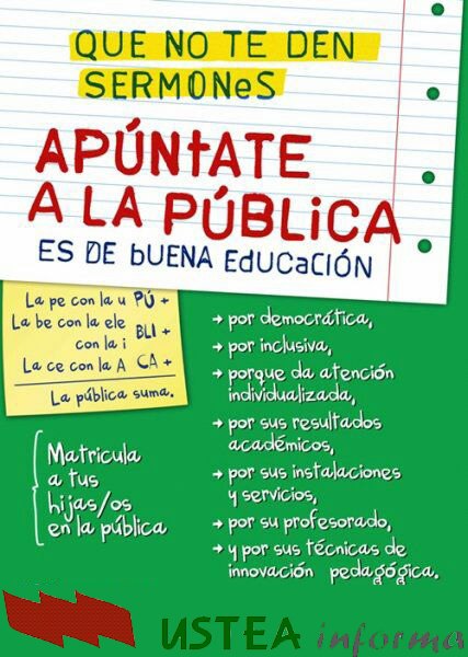 El sindicato de educación USTEA lanza la campaña “Apúntate a la escuela pública: Que no te den sermones”