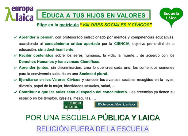 Córdoba Laica: «matricula a tus hijas e hijos menores en Valores Sociales y Cívicos (Primaria) o en Valores Éticos (Secundaria)»