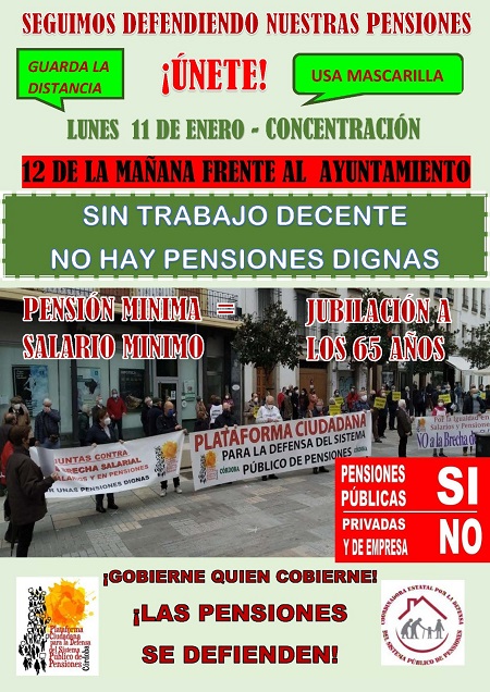 Mañana lunes, nueva acción de la Plataforma Cordobesa en Defensa de las Pensiones Públicas