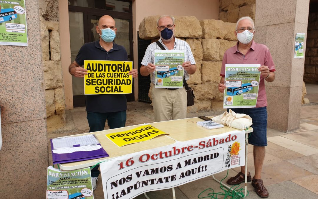 La Plataforma Cordobesa en Defensa de las Pensiones Públicas instala una mesa informativa sobre la acción en Madrid el 16 de octubre