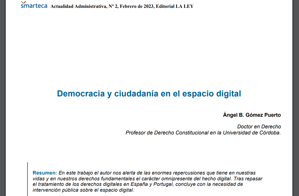 El profesor Gómez Puerto publica un trabajo sobre democracia y ciudadanía en el espacio digital.