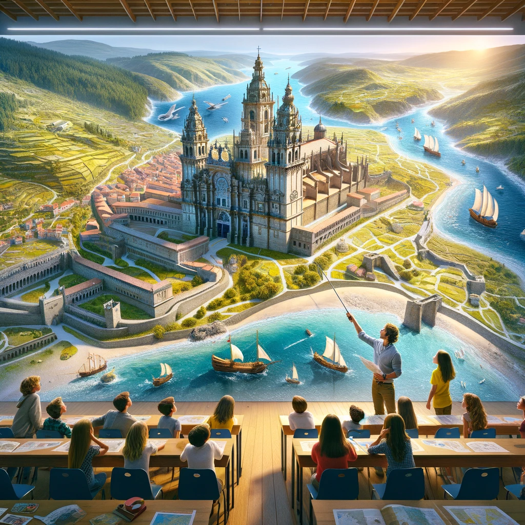 DALL·E 2024-02-25 13.36.05 – Design an engaging and educational scene set within a map of Galicia, focusing exclusively on terrestrial elements. In this classroom setting, vividly